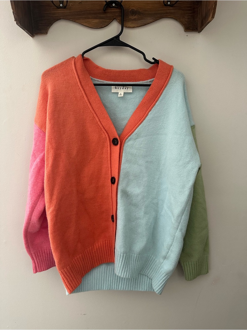 heyday Colorblock Button-Front Cardigan in Coral, Light Blue, Pink & Sage